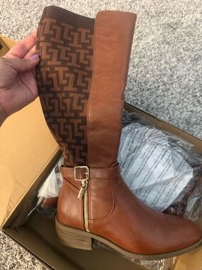 Women’s Brown Tall Riding Boots with Logo Jacquard Panel